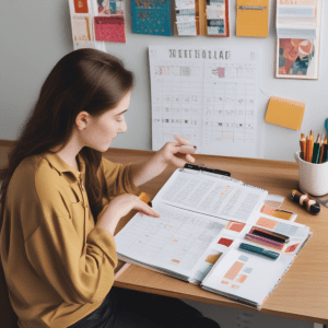 A student organizing their study schedule with a colorful planner and a calendar, surrounded by study materials