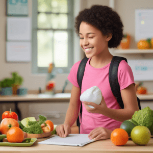 A student engaging in healthy habits like exercising, sleeping well, and eating nutritious food.