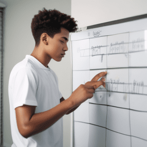 A high school student setting goals with a whiteboard or notebook, focused and determined.