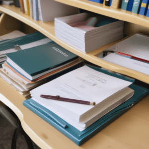 A neatly organized set of study notes, binders, and folders on a desk.