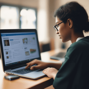 A student using a laptop to access educational resources online, with educational websites visible on the screen.