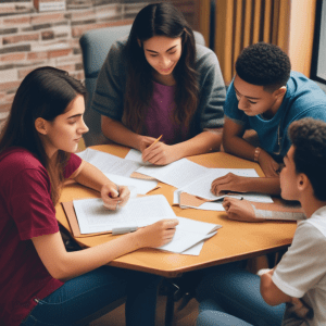 A group of high school students studying together, collaborating, and discussing topics.