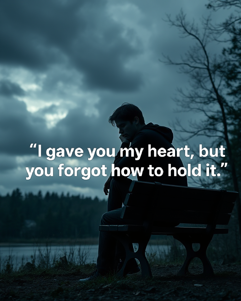 A lonely person sitting quietly on a bench under a cloudy sky, reflecting deep sadness quotes and emotional solitude in a serene natural landscape.
