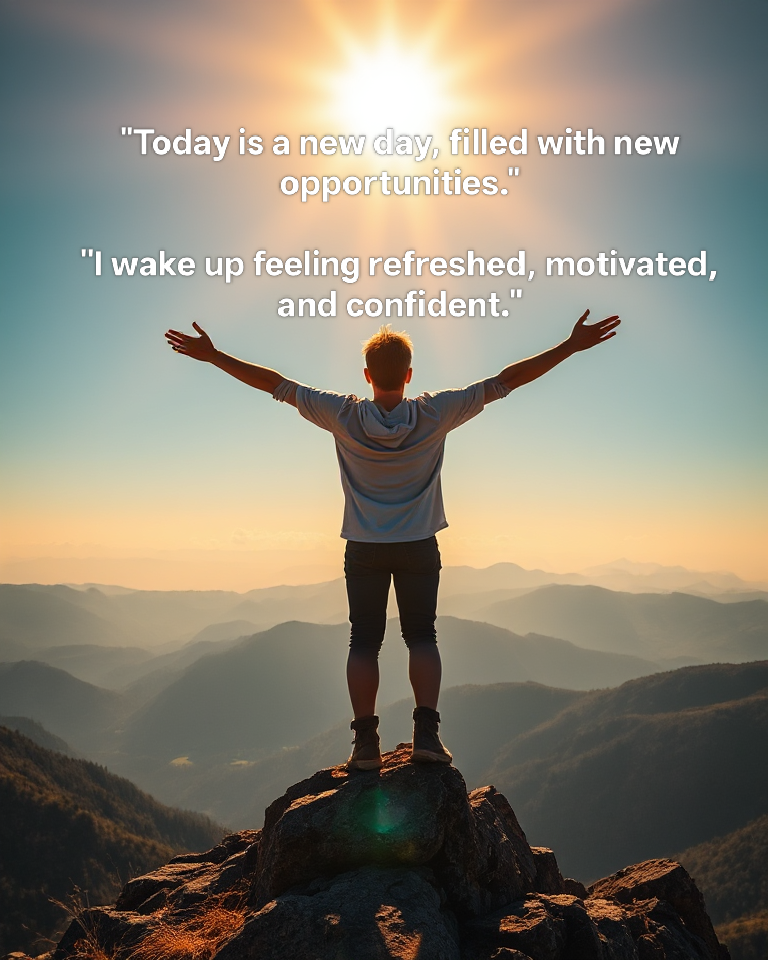 Person standing on a mountain at sunrise practicing affirmations for positive thinking with open arms and peaceful energy.
