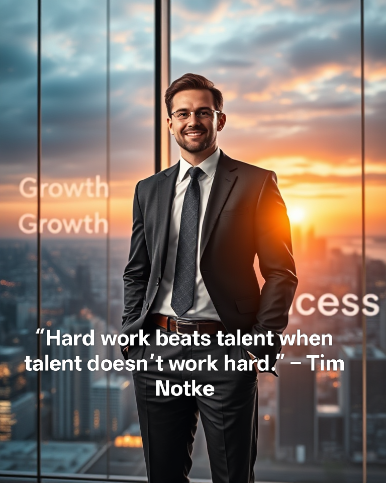 Successful entrepreneur inspired by business quotes for success in a sunrise city office.