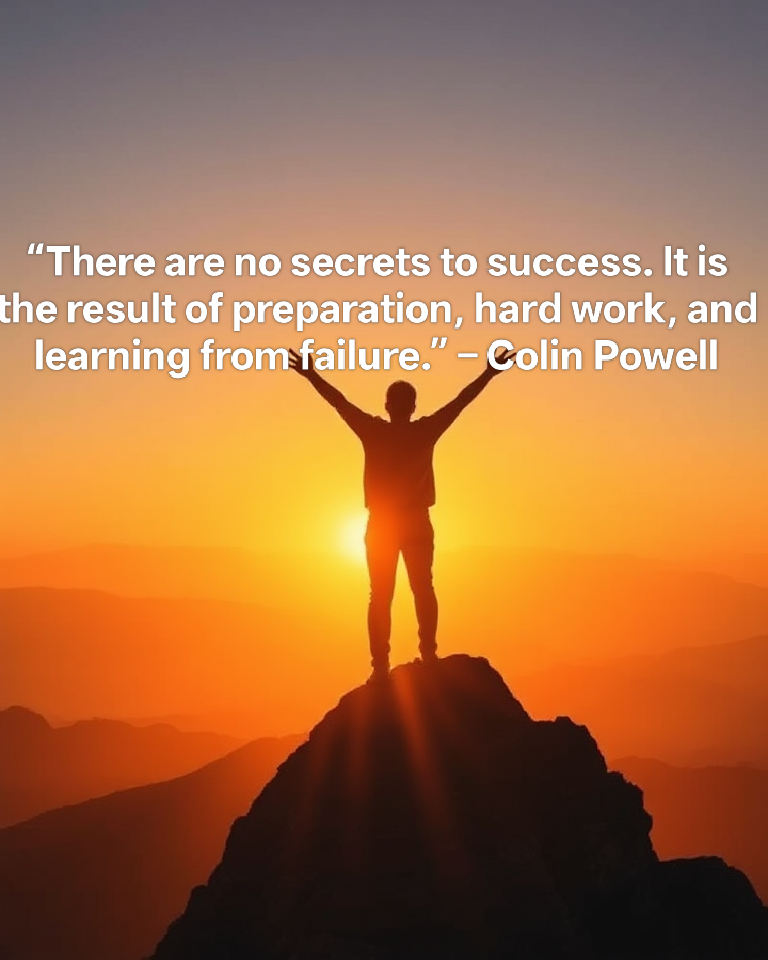 A sunrise over a mountain peak with a silhouette of a person standing short motivational quotes for successtriumphantly with arms raised in victory, symbolizing success and motivation. Warm lighting, inspirational atmosphere, high clarity.