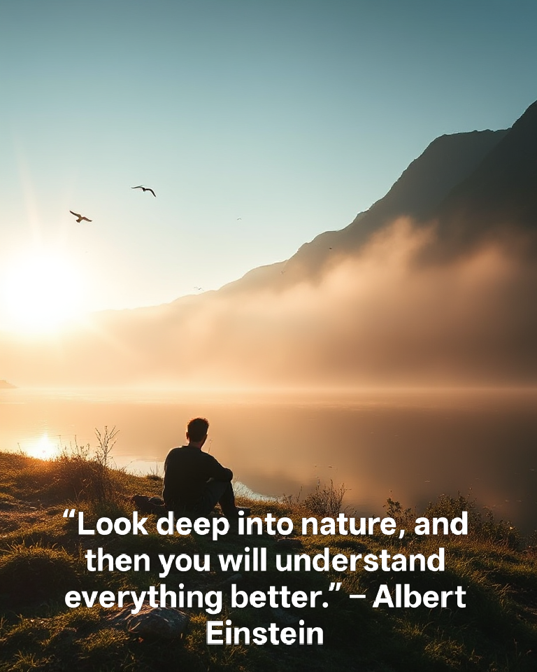 Person sitting by a mountain lake in peaceful reflection, surrounded by mist and sunlight — a perfect visual for enjoying nature quotes.