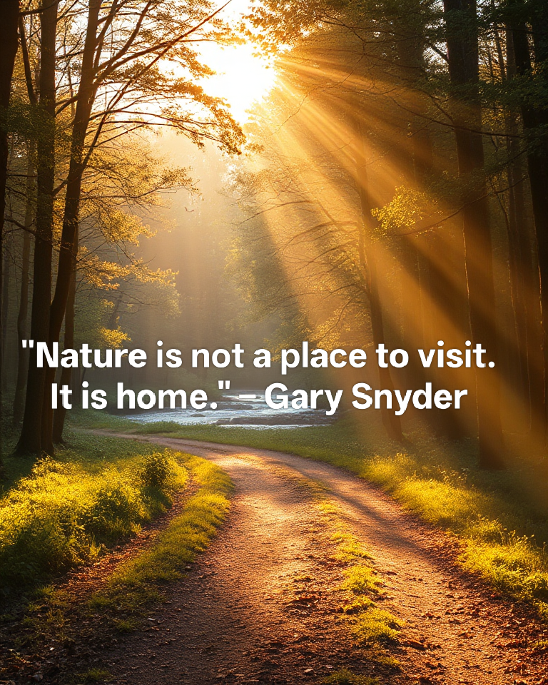 Golden hour forest with sunlight and flowing river representing love nature quotes
